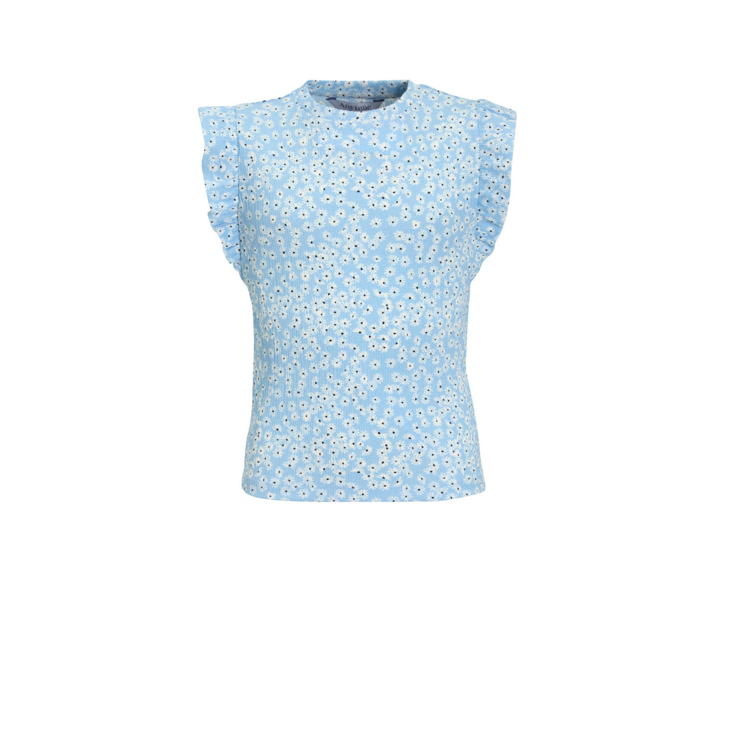Anytime crinkle top met ruffles blomenprint lichtblauw