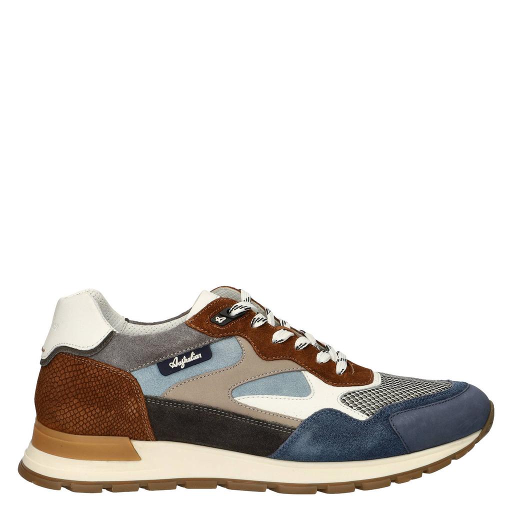 Cognac en blauwe heren Australian Tiago leren sneakers van nubuck met veters