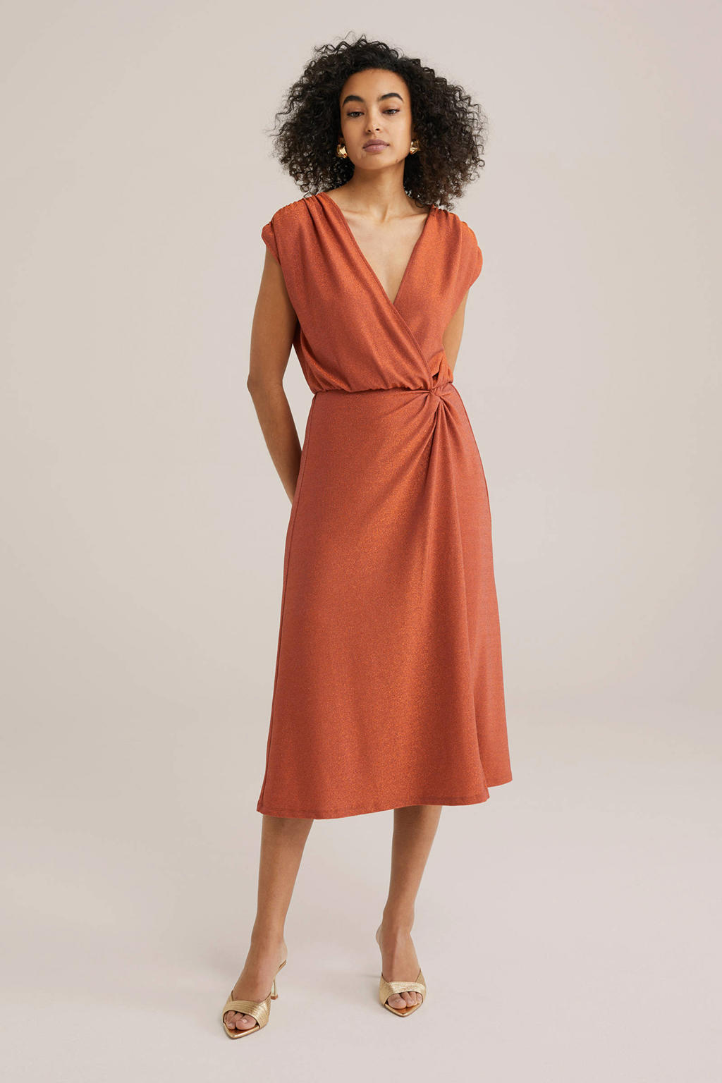 Oranje dames WE Fashion A-lijn jurk van polyamide met effen, korte mouwen, overslagkraag en knoopdetail