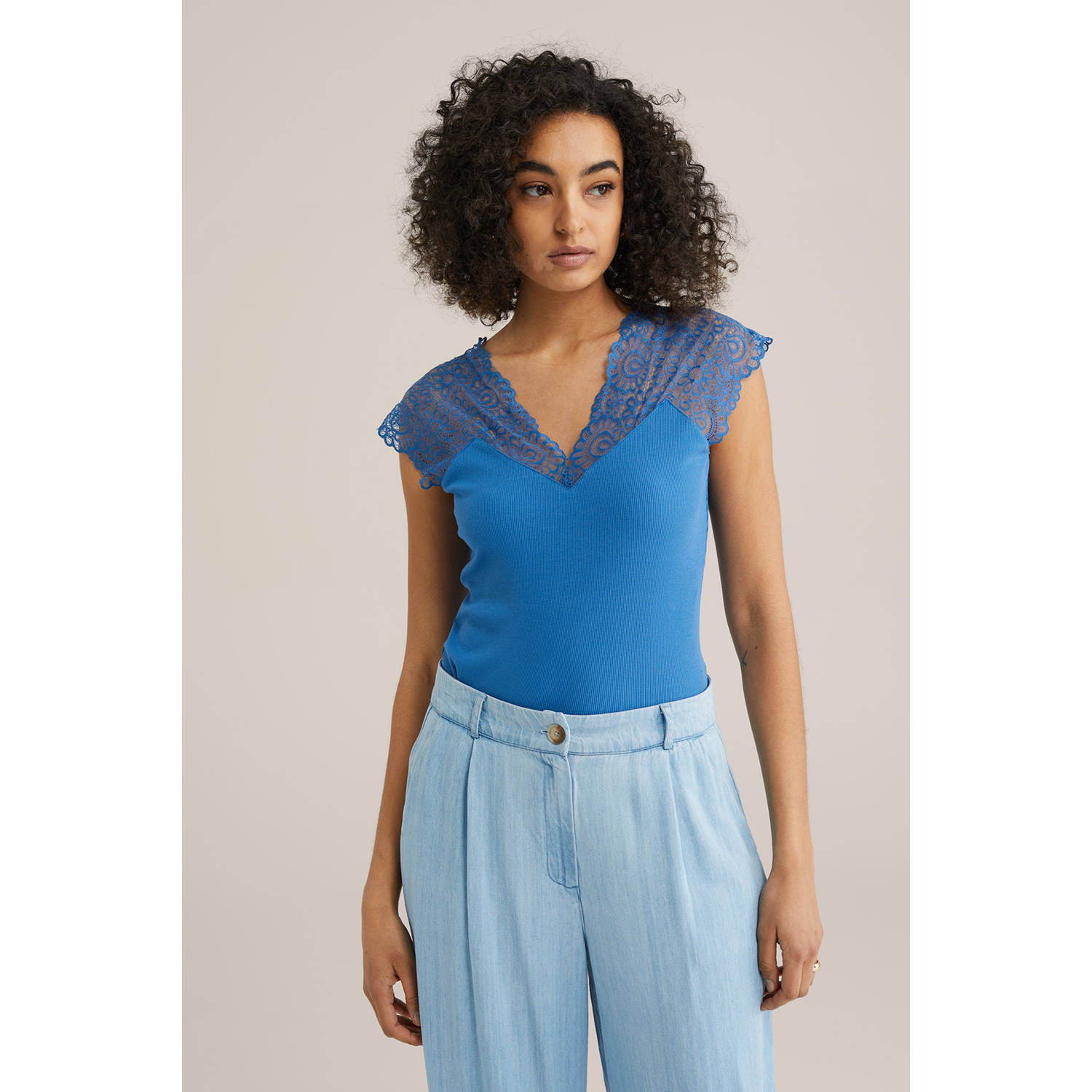 WE Fashion top blauw rib gebreid