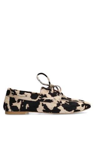 leren bootschoenen met koeienprint beige/zwart