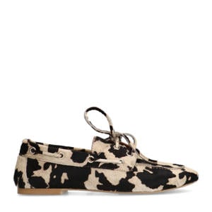 leren bootschoenen met koeienprint beige/zwart