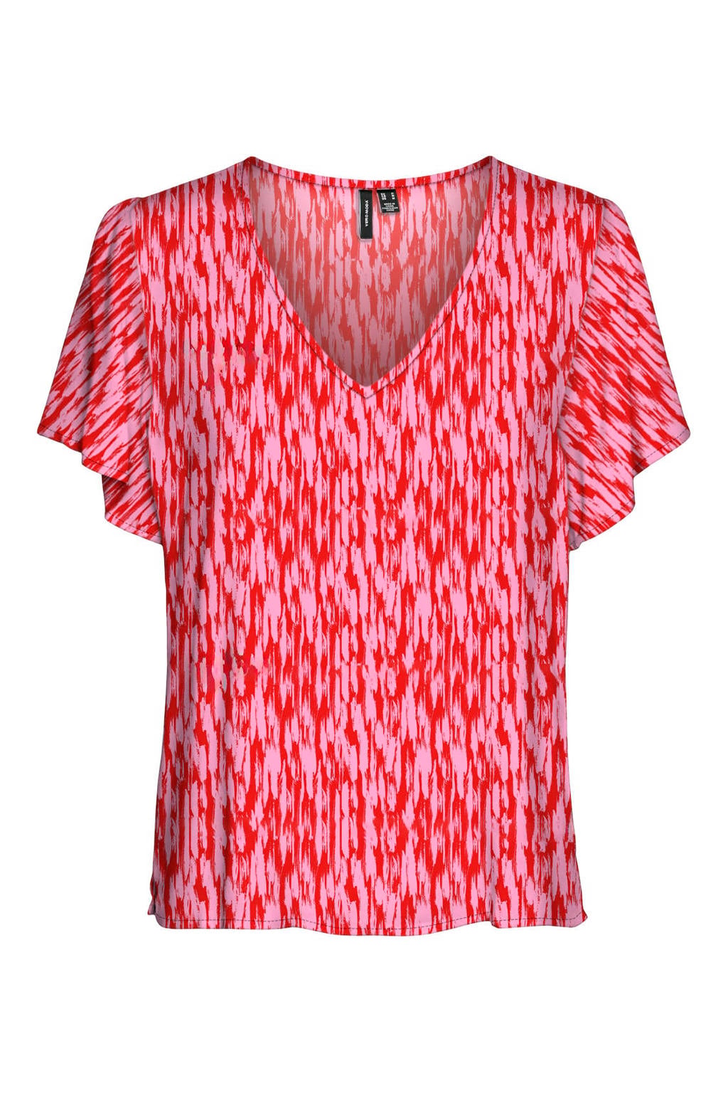 Roze en rode dames VERO MODA CURVE top van viscose met korte mouwen, V-hals en geweven detail