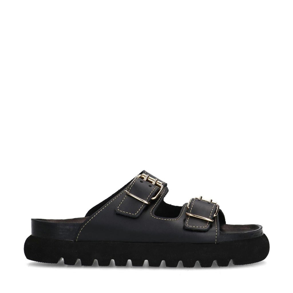 Zwarte dames Sacha leren slippers met gesp