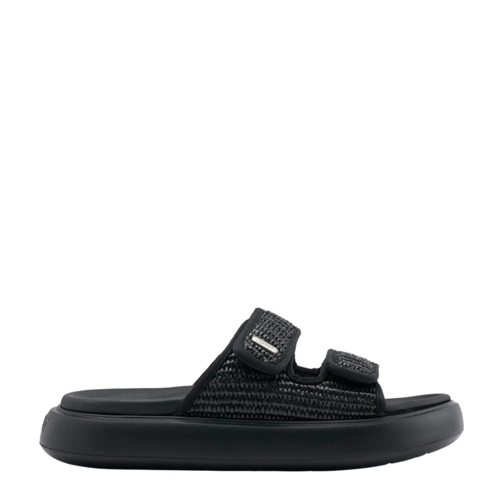Zwarte dames ESPRIT raffia slippers met klittenband en effen