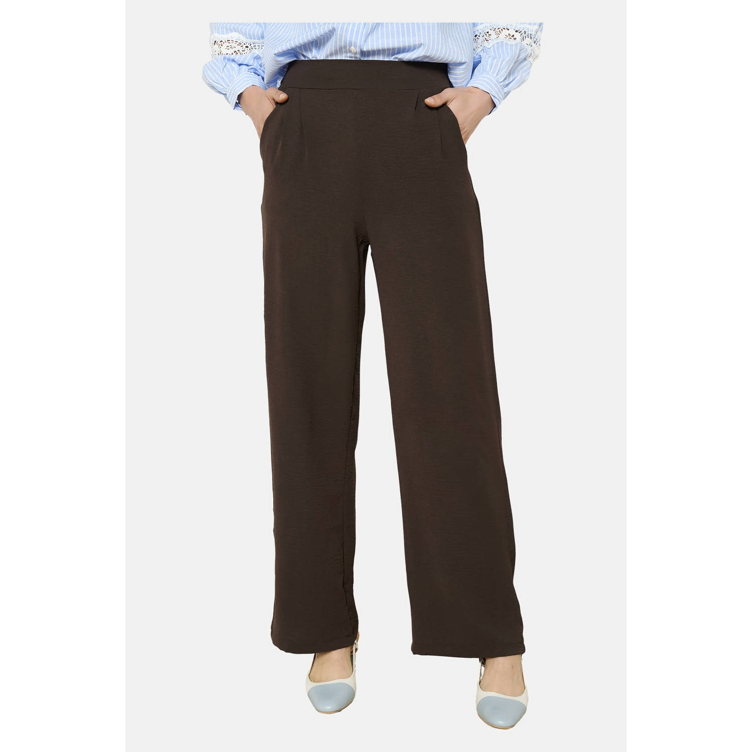 LOLALIZA wide leg regular waist casual broek donkerbruin