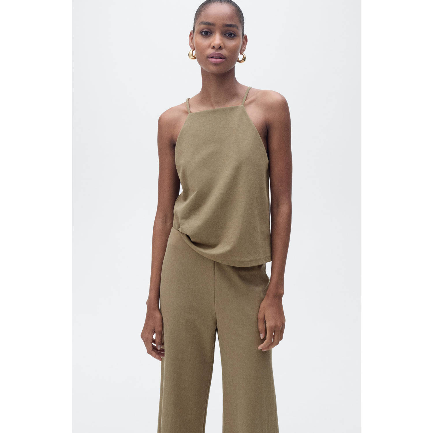 Mango wide leg high waist broek kaki