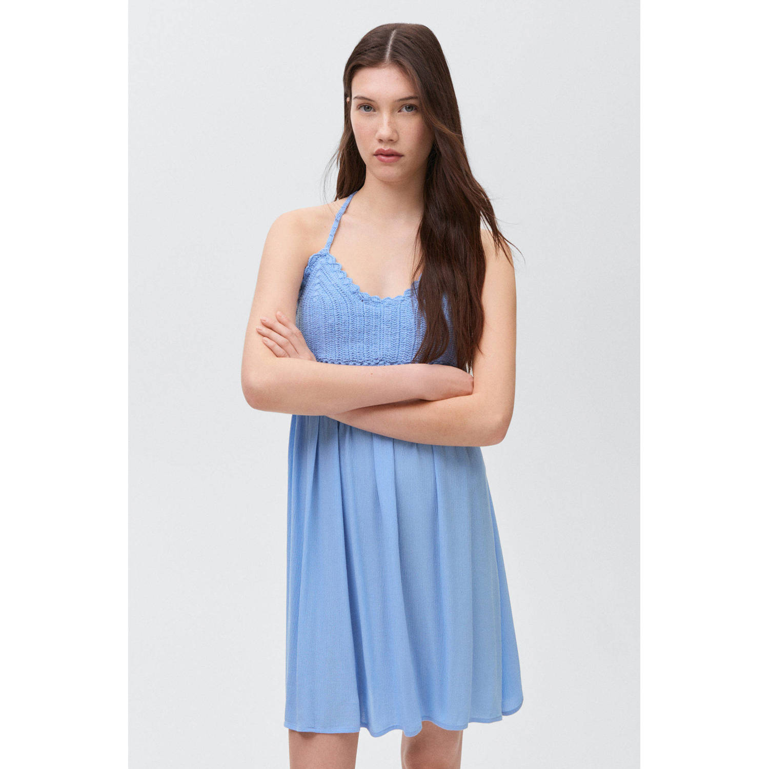 MANGO TEEN korte jurk crochet lichtblauw