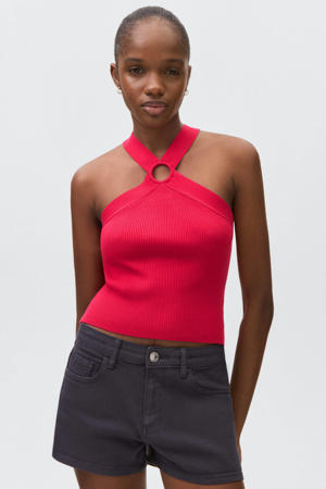 haltertop rood rib gebreid