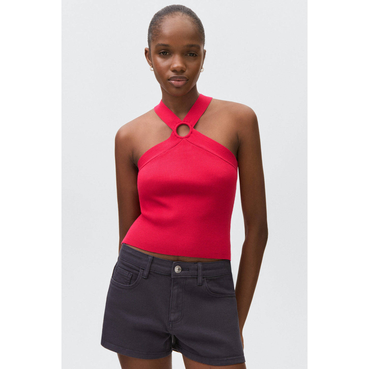 MANGO TEEN haltertop rood rib gebreid