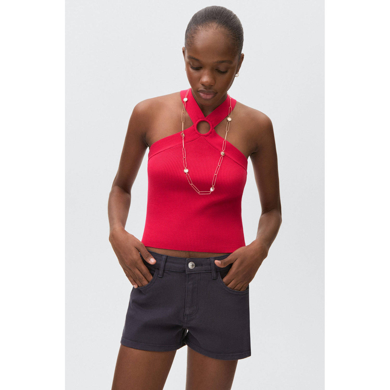 MANGO TEEN haltertop rood rib gebreid