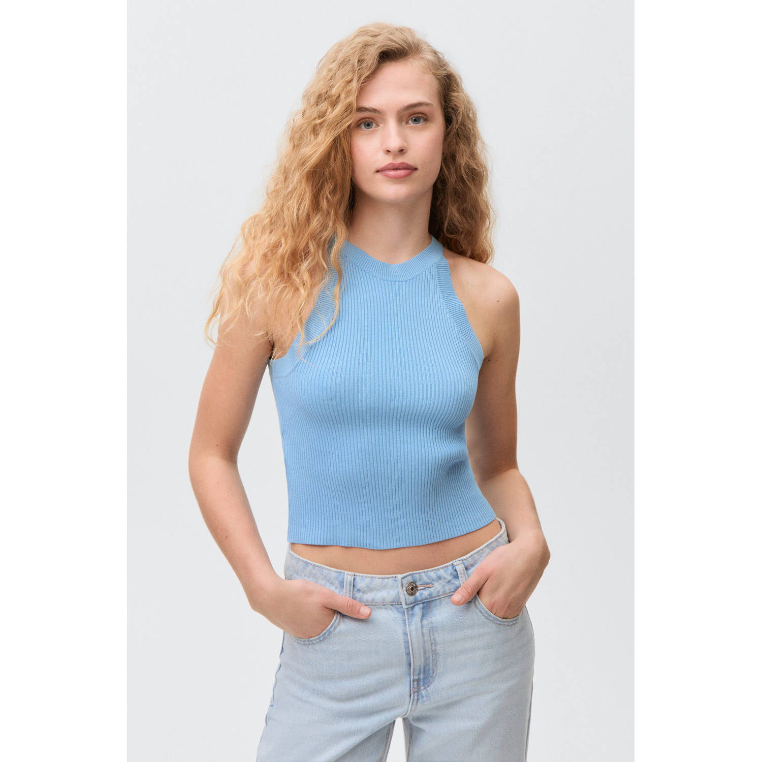 MANGO TEEN cropped top lichtblauw rib gebreid