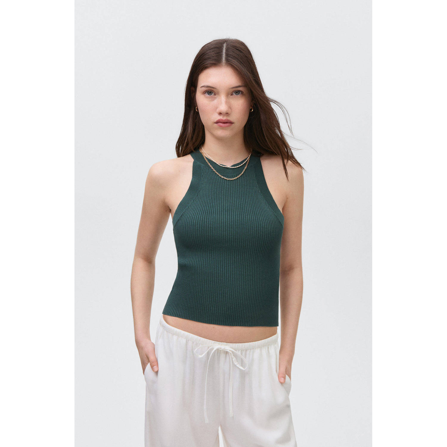 MANGO TEEN cropped top donkergroen rib gebreid
