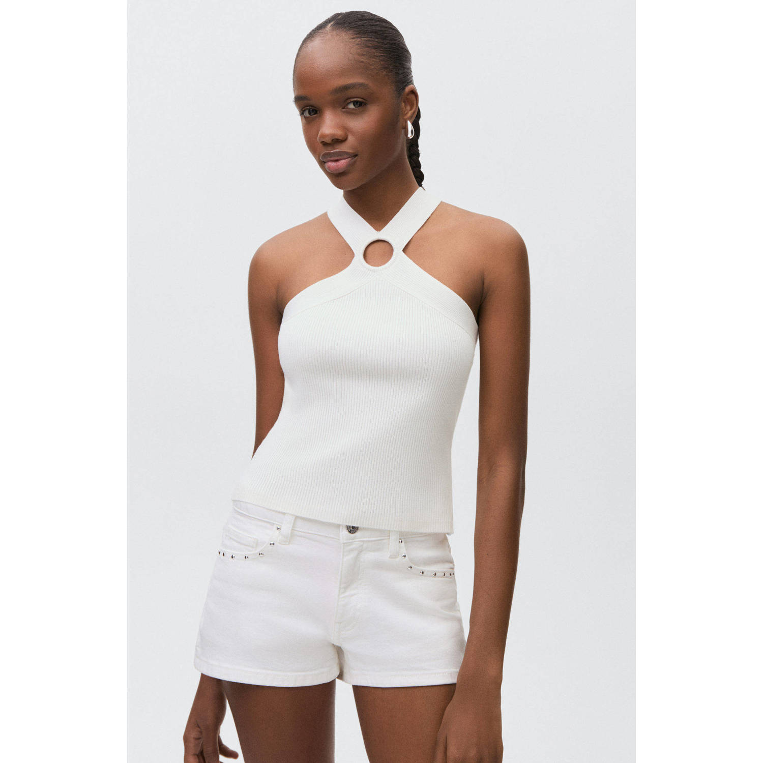MANGO TEEN haltertop wit rib gebreid