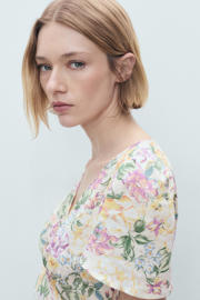 thumbnail: Multikleurige dames Mango zomerjurk van linnen met bloemenprint, korte mouwen, V-hals, blinde ritssluiting en ceintuur