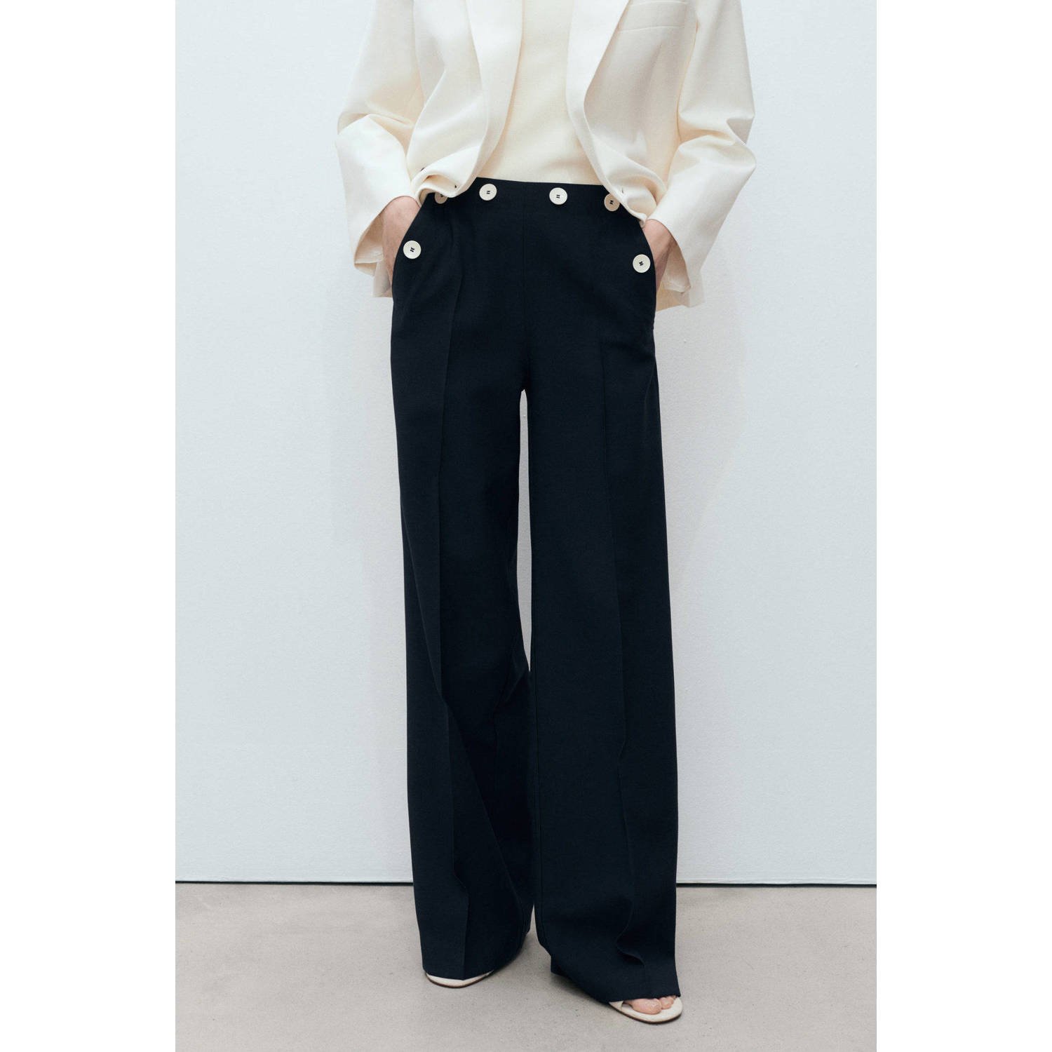 Mango wide leg regular waist pantalon donkerblauw
