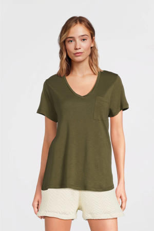 loose fit T-shirt met V-hals olijfgroen