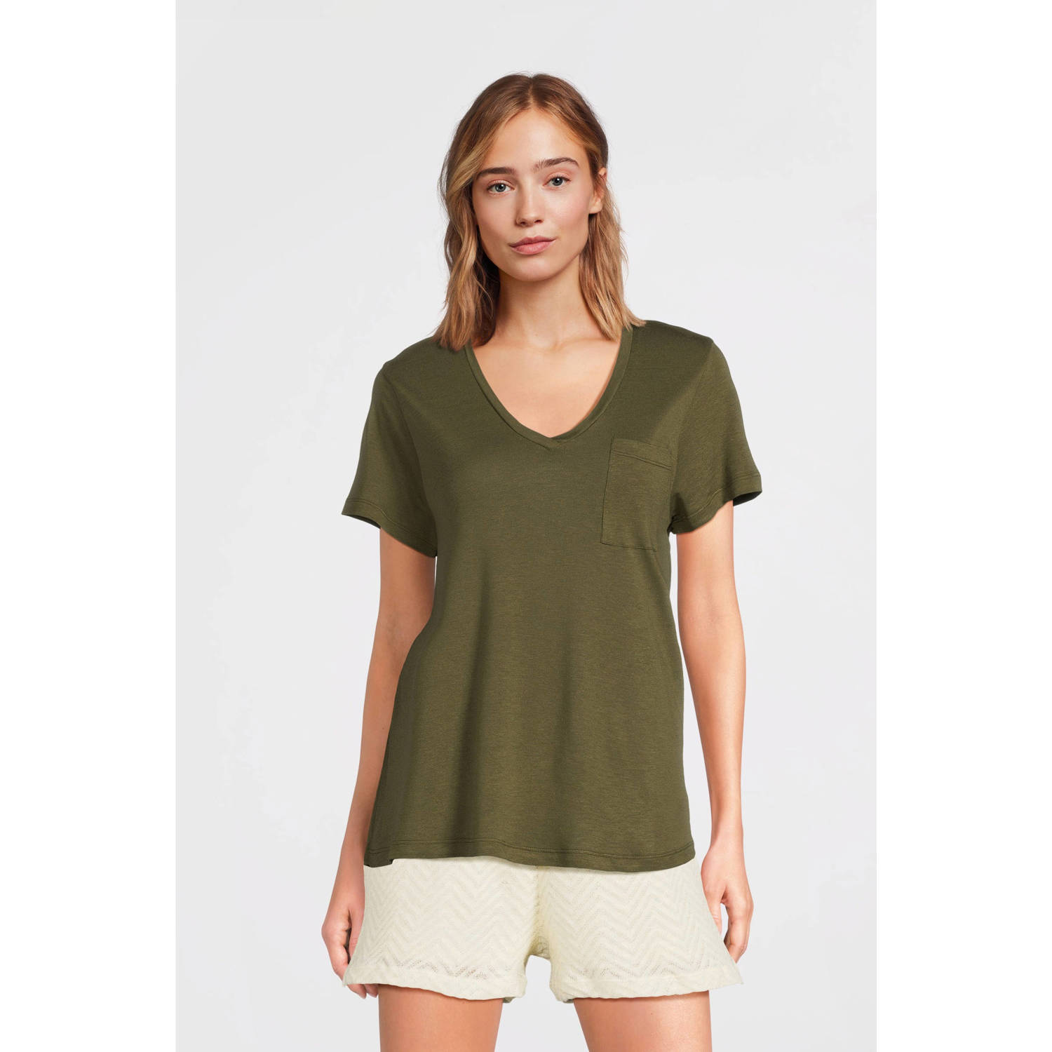 Anytime loose fit T-shirt met V-hals olijfgroen
