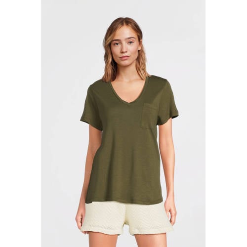 anytime loose fit T-shirt met V-hals olijfgroen afbeelding