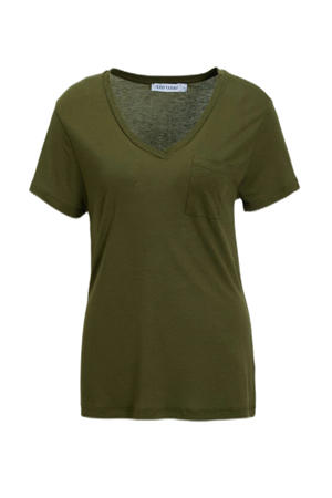 loose fit T-shirt met V-hals olijfgroen