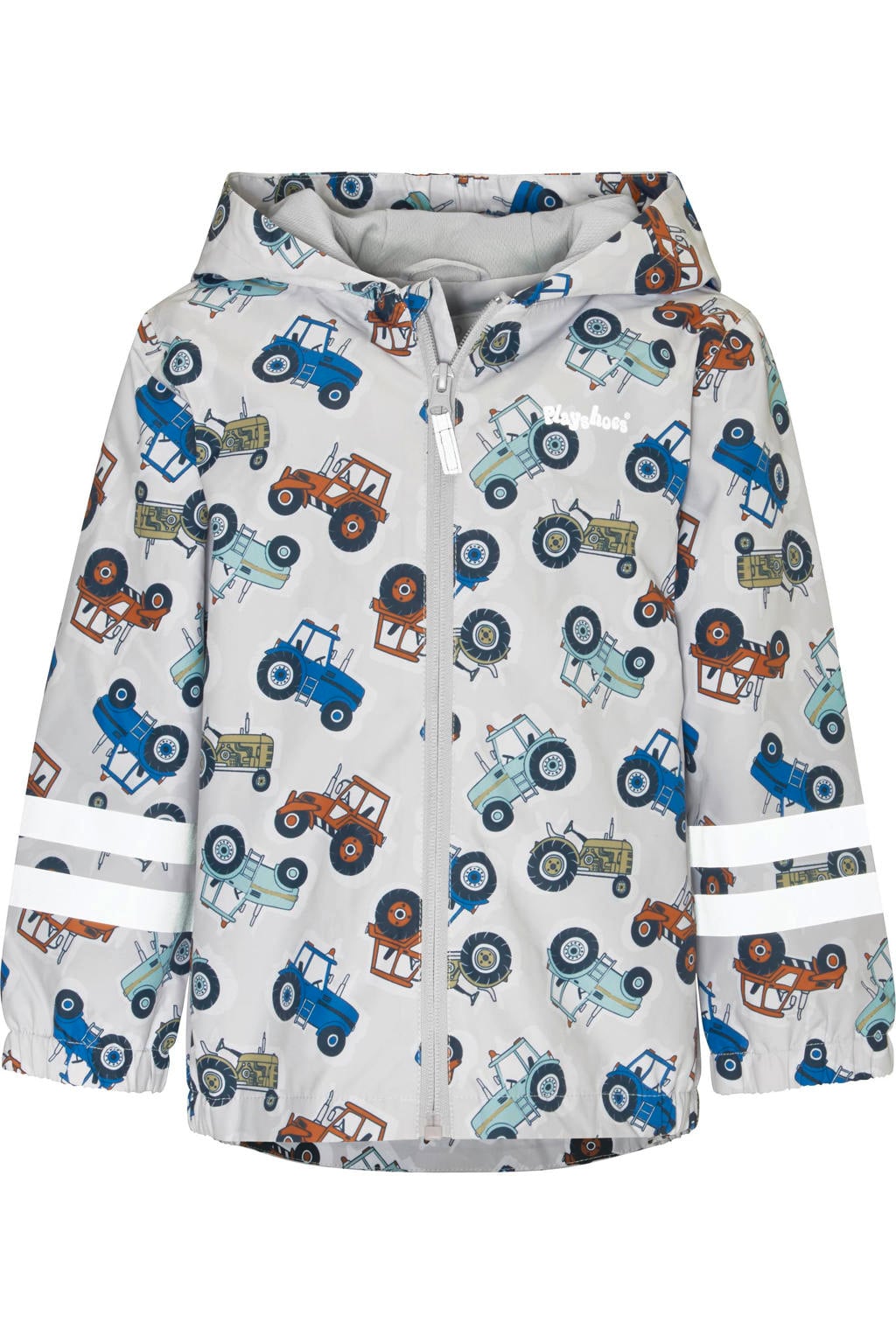 Lichtgrijze jongens Playshoes regenjas van polyester met lange mouwen, capuchon en ritssluiting
