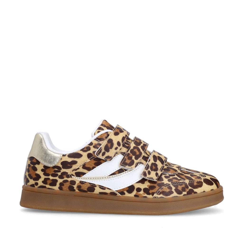Beige en cognackleurige dames Sacha sneakers van synthetisch materiaal met klittenband en panterprint