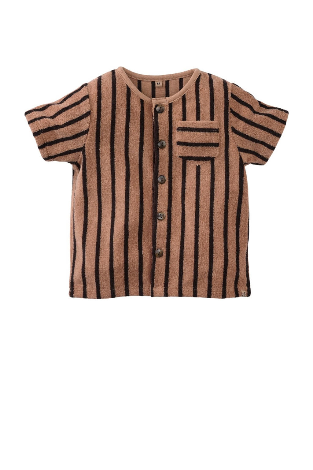 Bruin en zwarte jongens Z8 newborn badstof T-shirt Stefano met strepenprint, korte mouwen, ronde hals en knoopsluiting