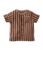 thumbnail: Bruin en zwarte jongens Z8 newborn badstof T-shirt Stefano met strepenprint, korte mouwen, ronde hals en knoopsluiting