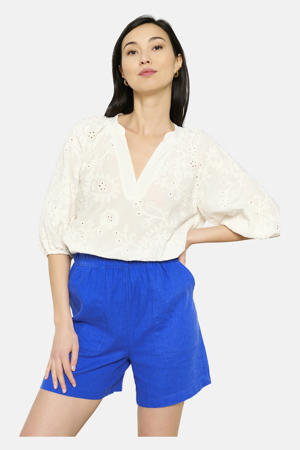wide leg high waist casual short blauw broderie