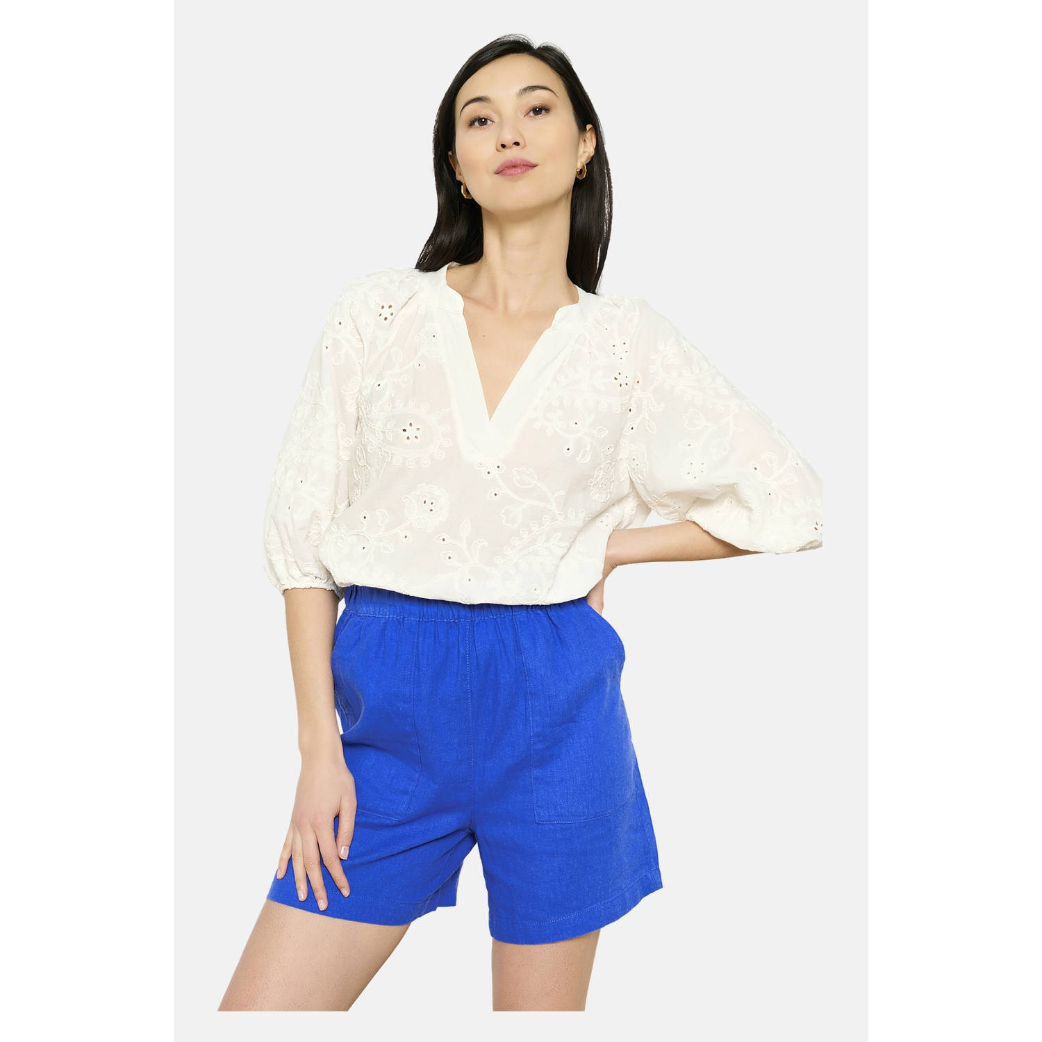 LOLALIZA wide leg high waist casual short blauw broderie