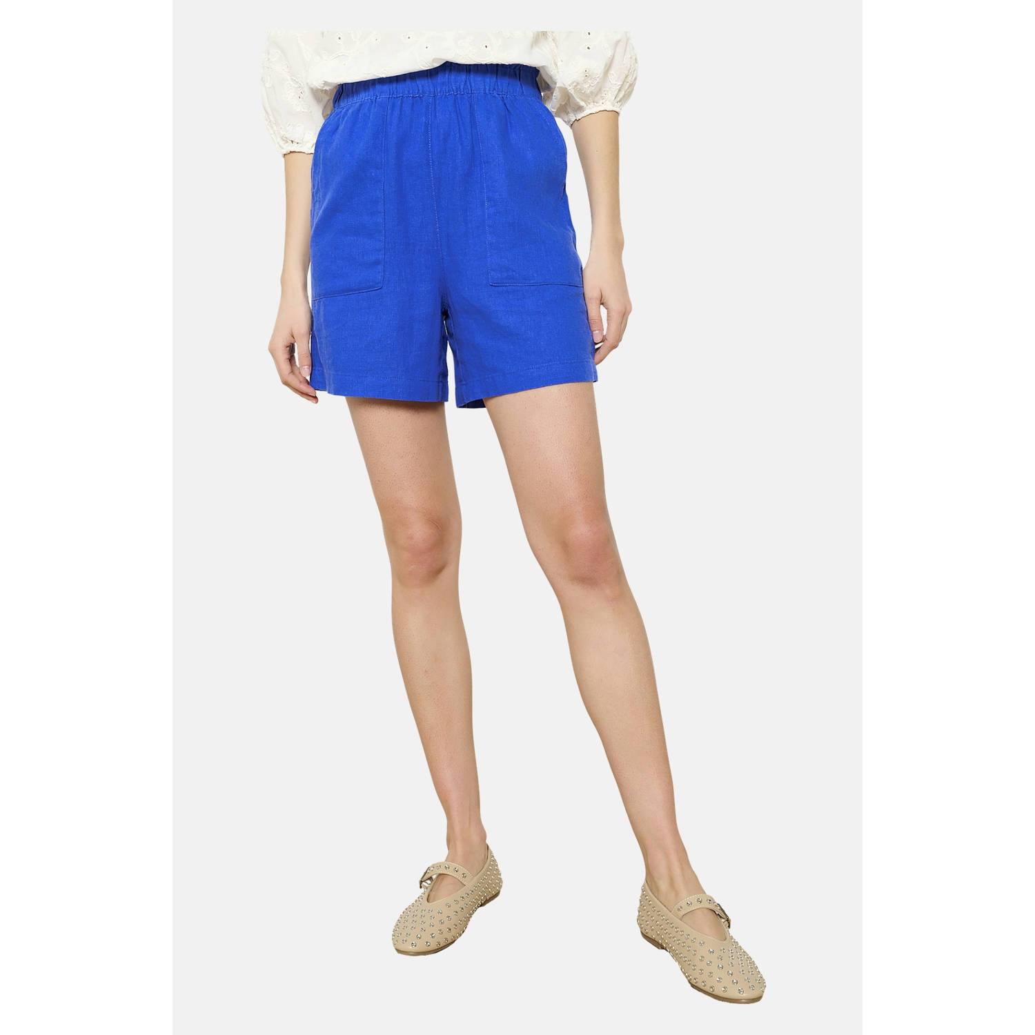 LOLALIZA wide leg high waist casual short blauw broderie