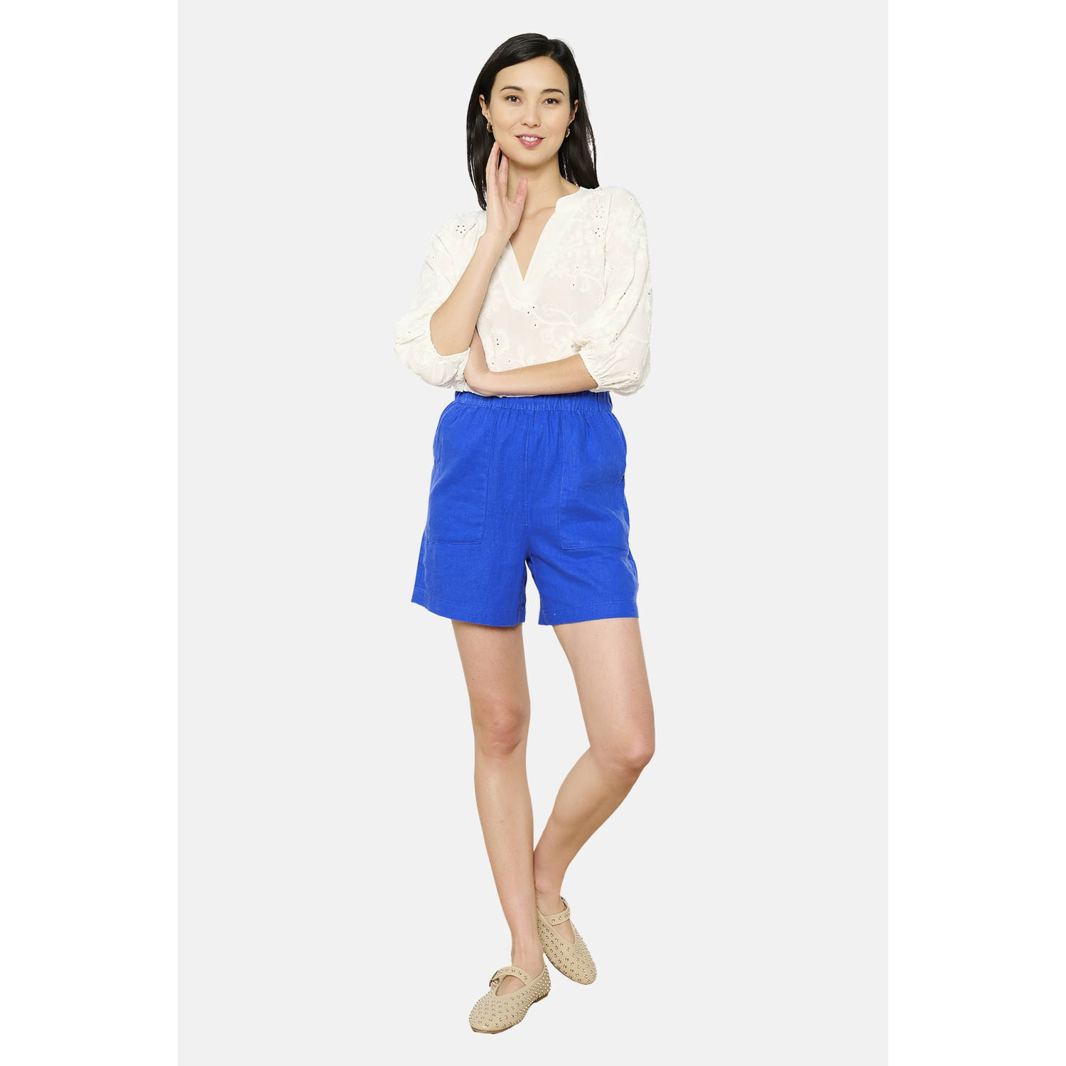 LOLALIZA wide leg high waist casual short blauw broderie