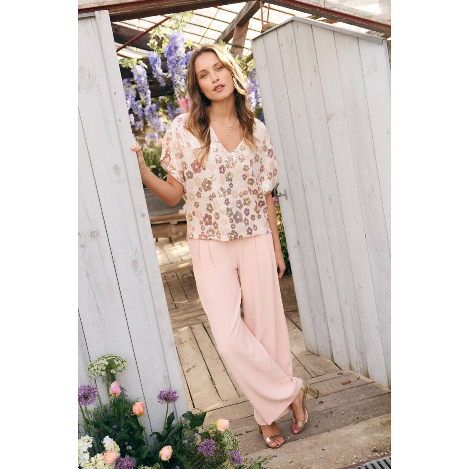 LOLALIZA wide leg high waist broek lichtroze
