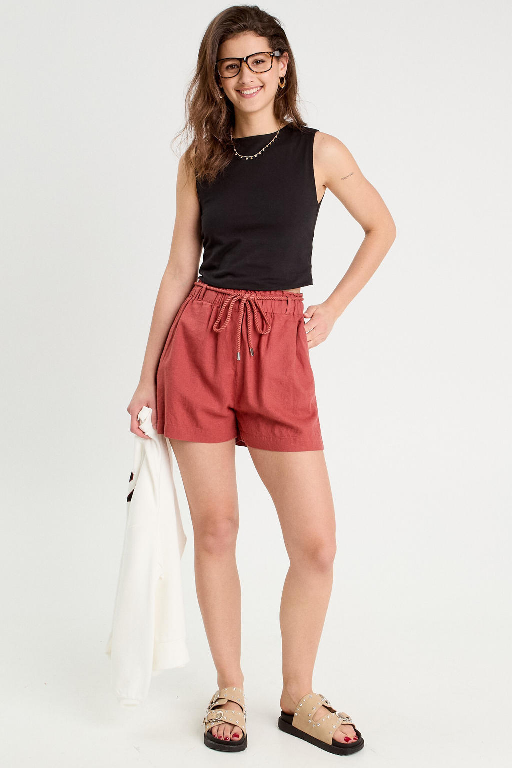Roodbruine dames Cache Cache high waist casual short bruin van linnen met loose fit, elastische tailleband met koord en effen