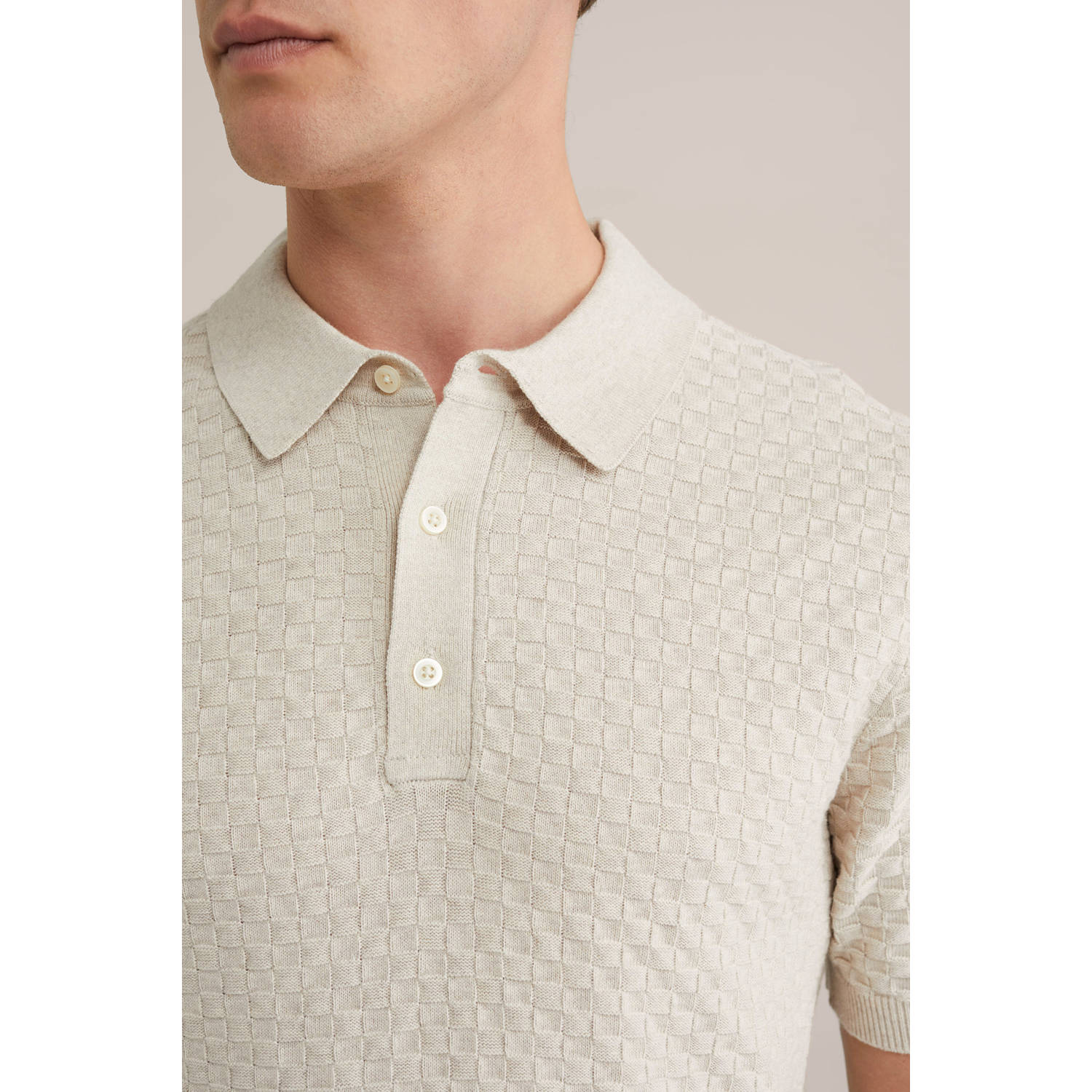 WE Fashion regular polo met ingebreid patroon zand