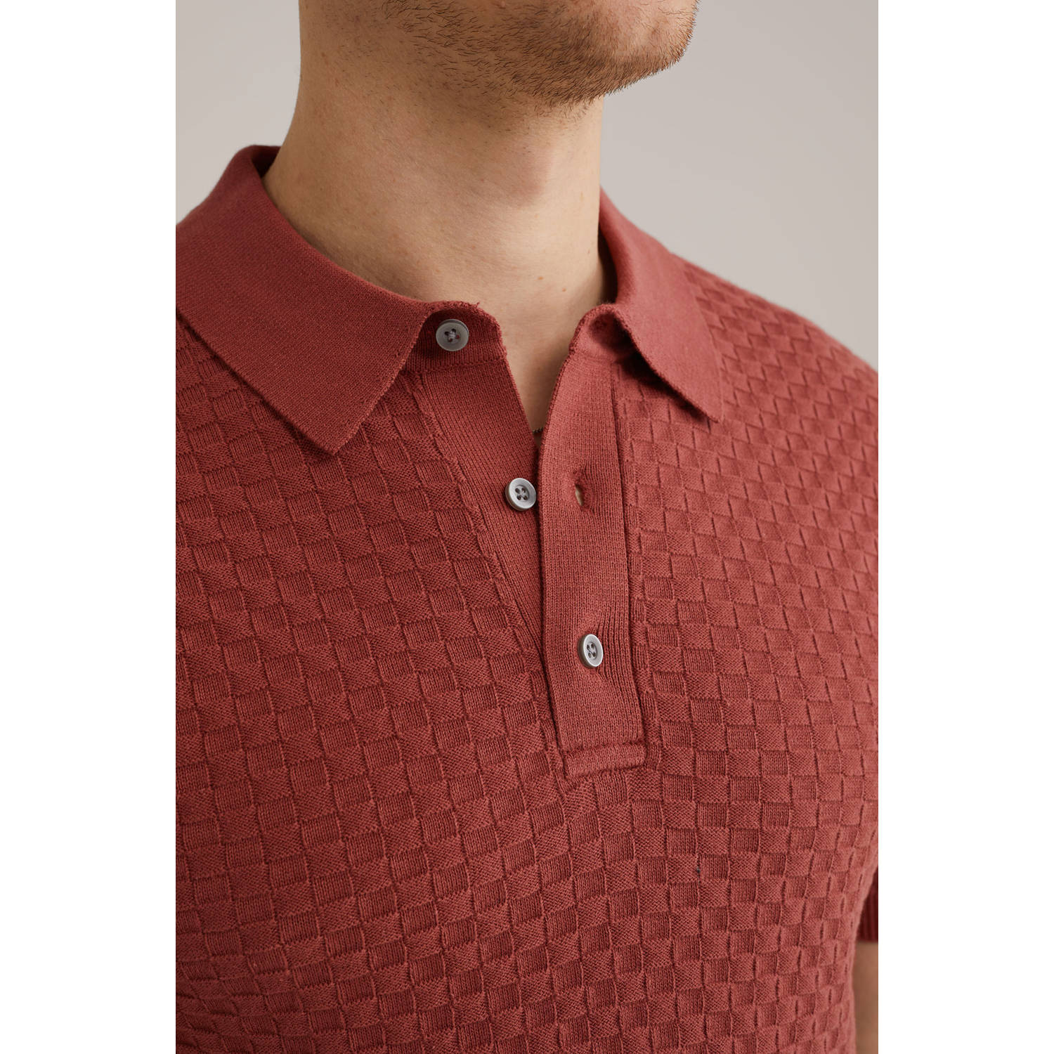 WE Fashion regular polo met ingebreid patroon roodbruin