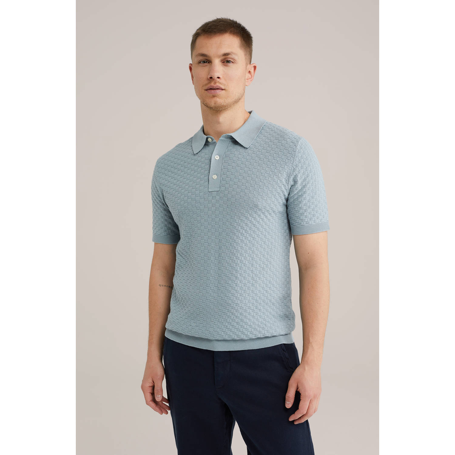 WE Fashion regular polo met ingebreid patroon grijsblauw