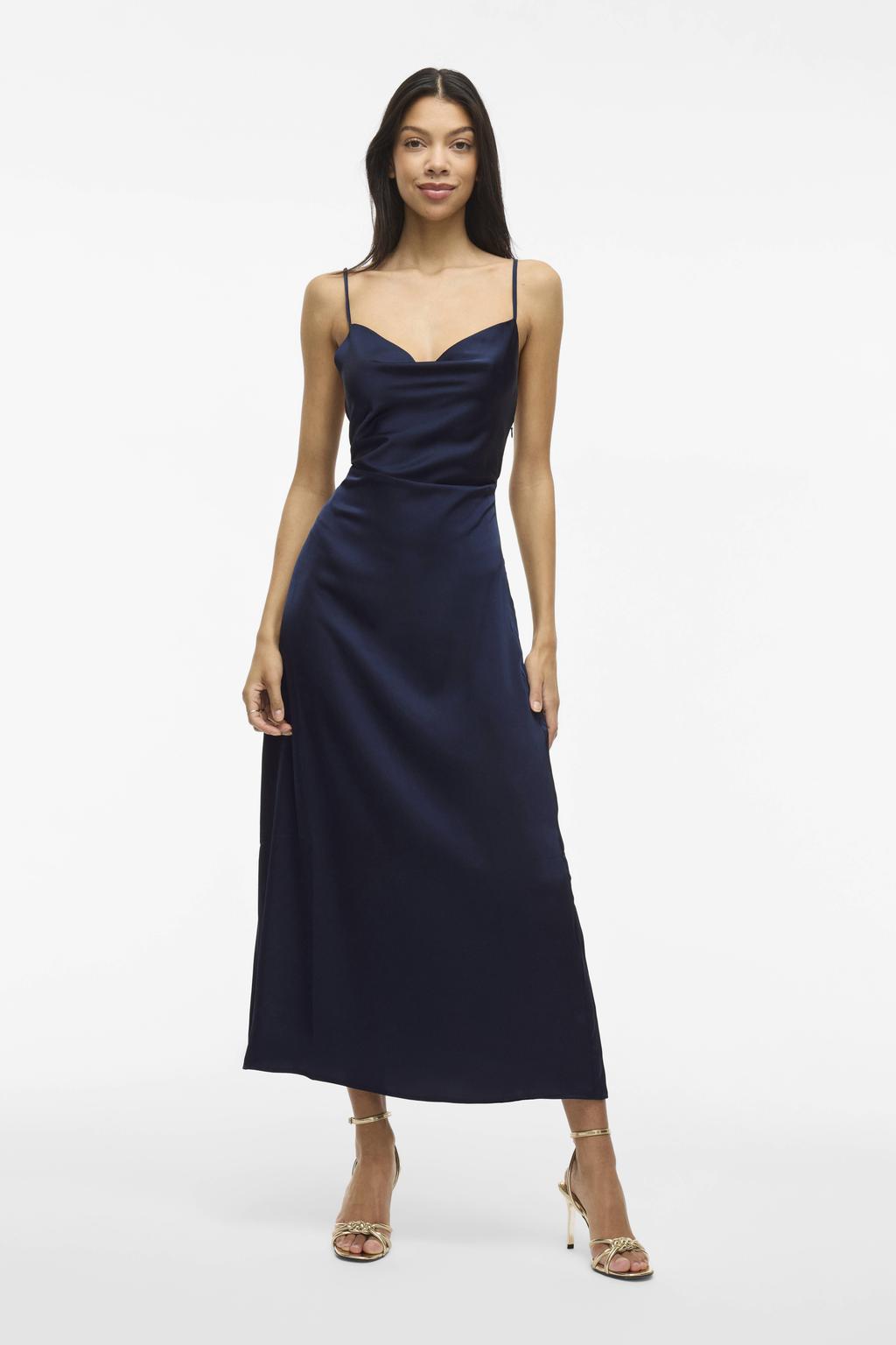Marineblauw dames VILA jurk blauw van satijn met effen, spaghettibandjes, vierkante hals en geweven detail