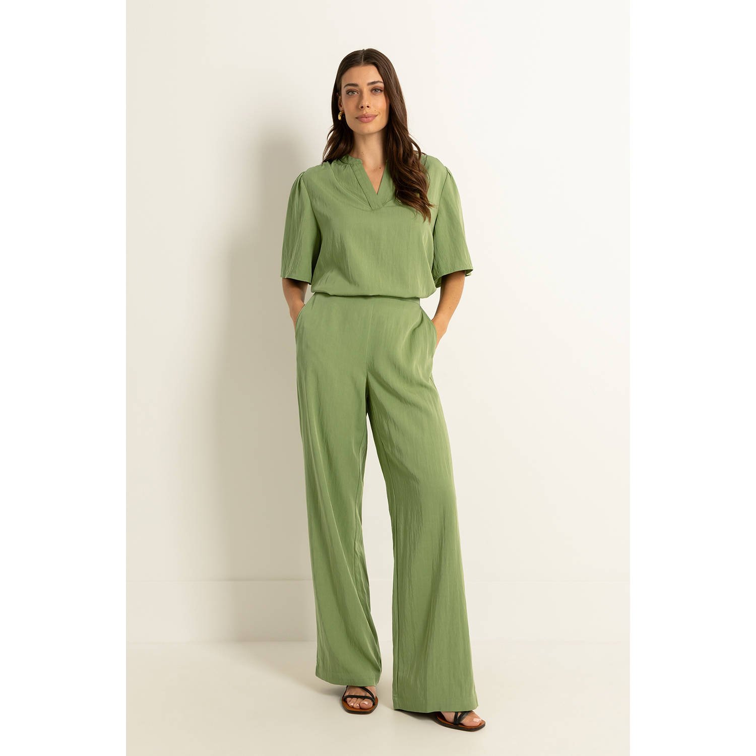 Claudia Sträter straight high waist broek groen met glitter