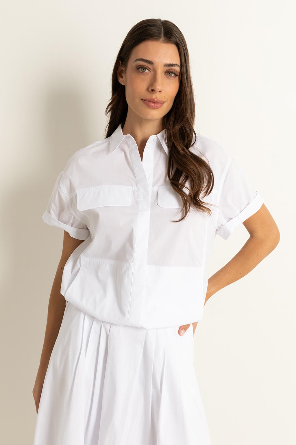 Witte dames Claudia Sträter blouse van katoen met effen, korte mouwen, klassieke kraag, blinde knoopsluiting en tunnelkoord