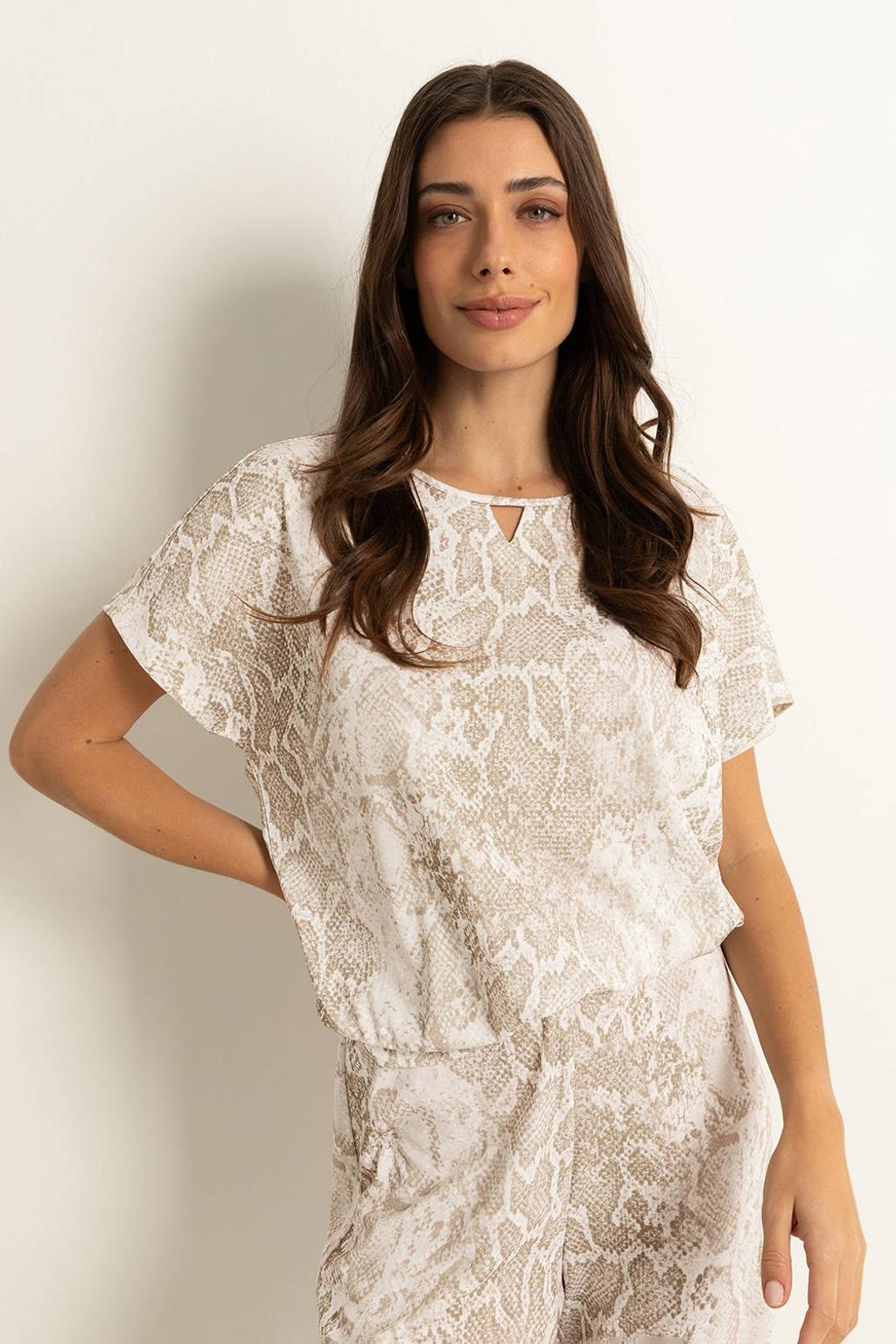 Beige dames Claudia Sträter top van polyester met dierenprint, korte mouwen en ronde hals