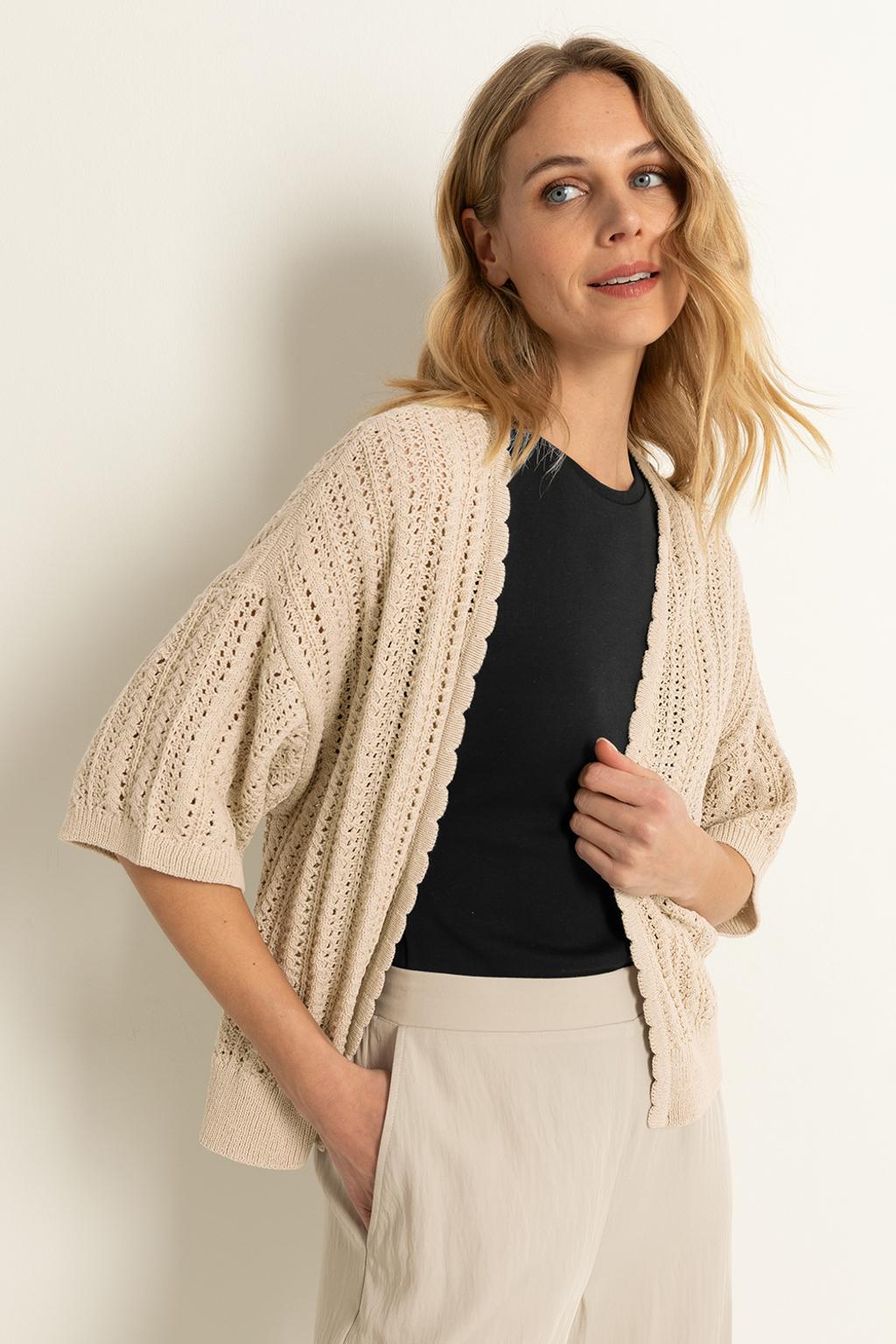 Beige dames Claudia Sträter gebreid vest crochet van katoen met effen, half lange mouwen en openvallende hals