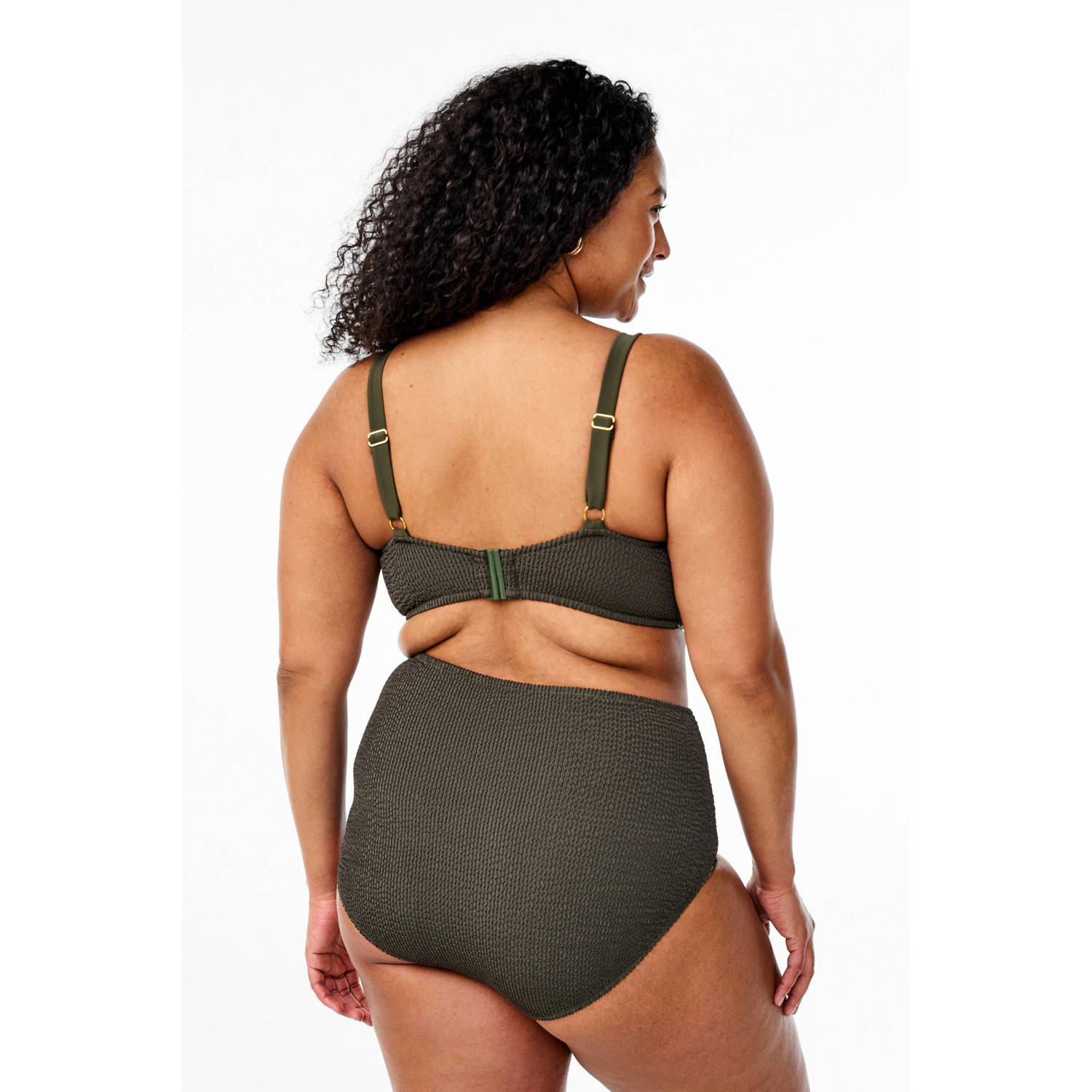 Zizzi high waist bikinibroekje SLINA met ribstructuur donkergroen