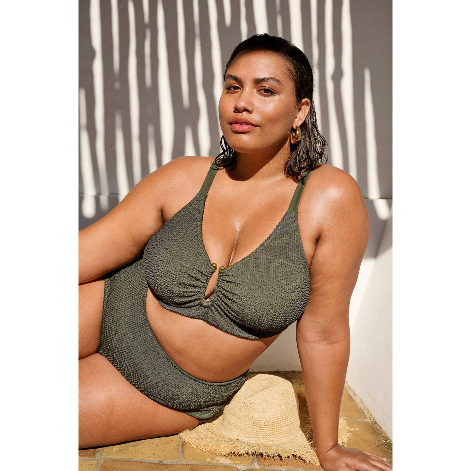 Zizzi high waist bikinibroekje SLINA met ribstructuur donkergroen