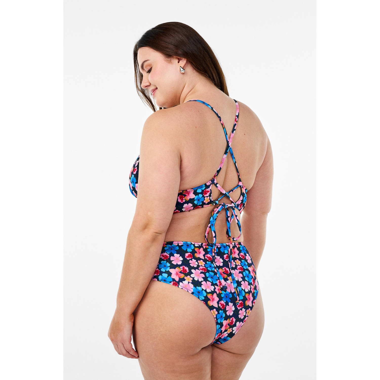 Zizzi voorgevormde triangel bikinitop CAANNE donkerblauw roze lichtblauw