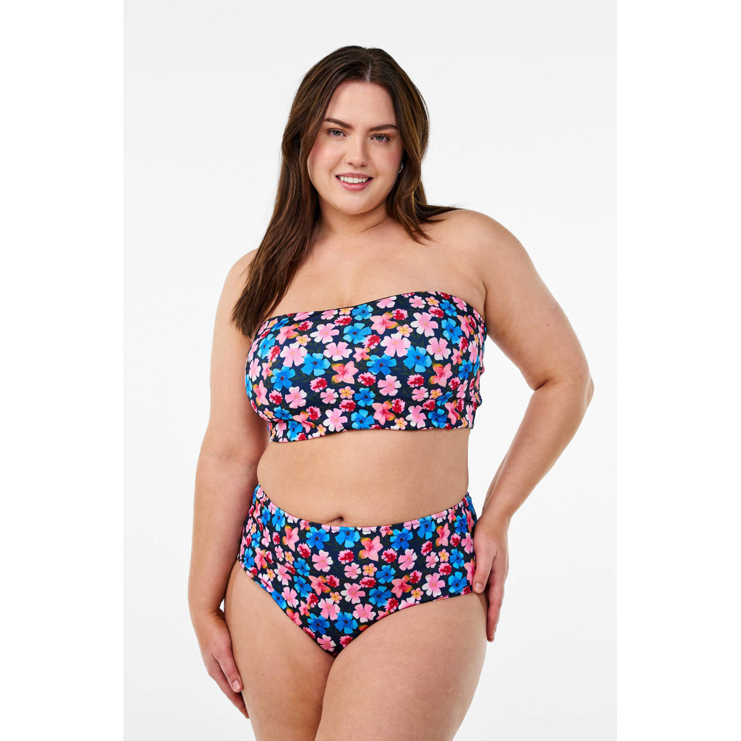 Zizzi high waist bikinibroekje CAANNE donkerblauw roze lichtblauw