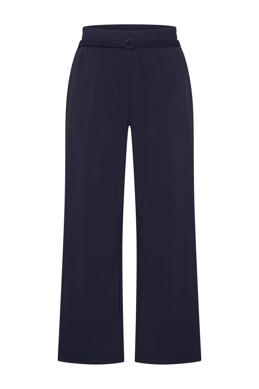 Donkerblauwe dames Expresso broek travelstof met straight fit, high waist, elastische tailleband en effen