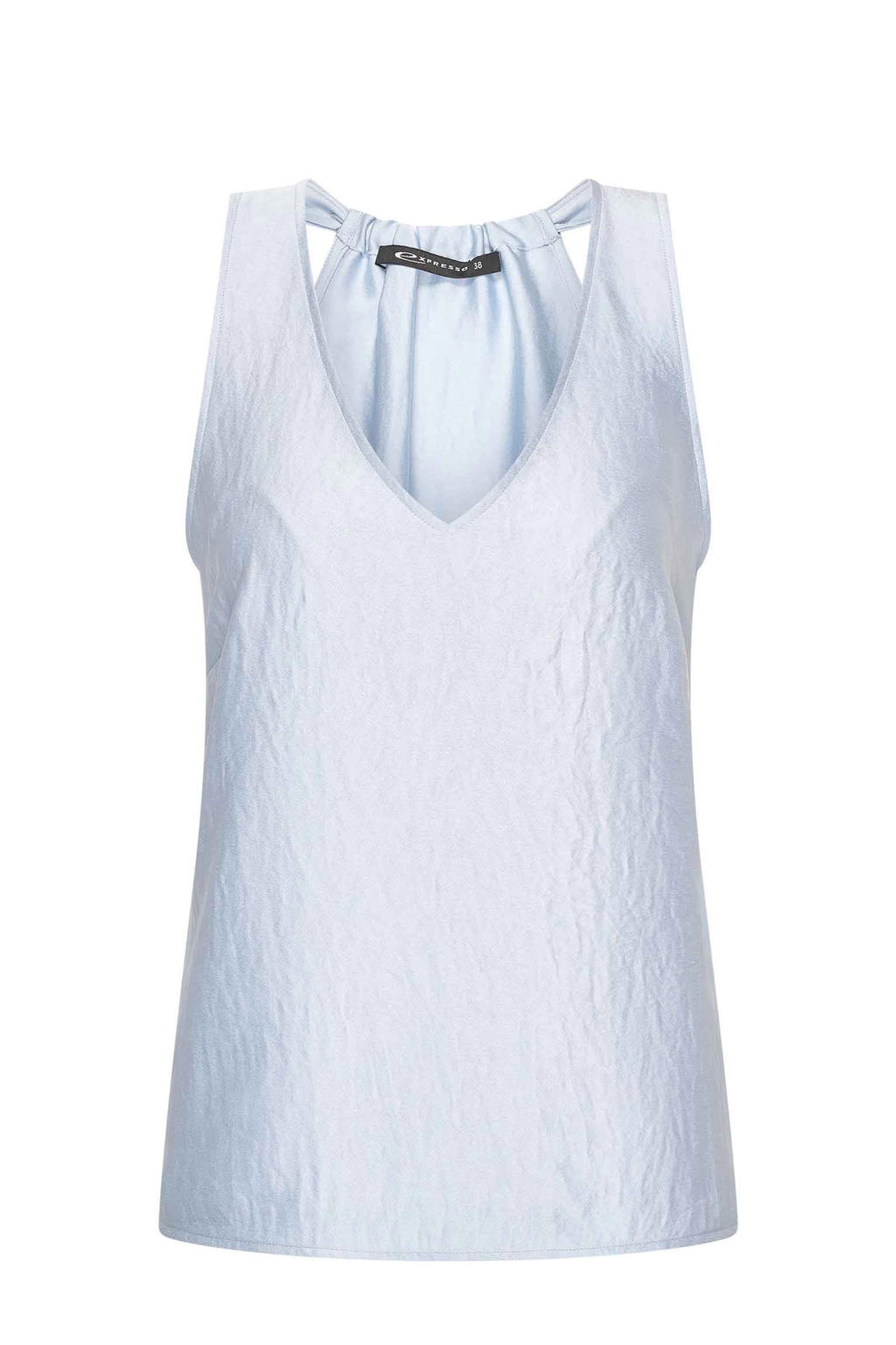 Lichtblauwe dames Expresso satijnen mouwloze top met effen, V-hals en glimmend detail