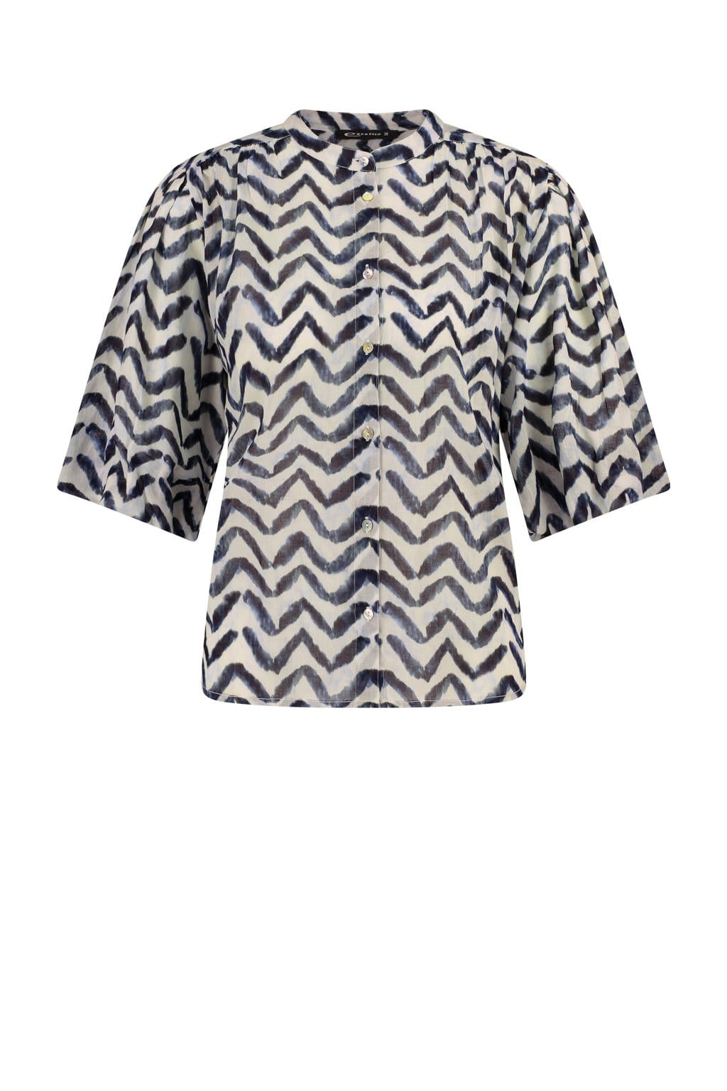 Donkerblauwe dames Expresso blouse van katoen met grafische print, driekwart mouwen, mao kraag, knoopsluiting en geweven detail