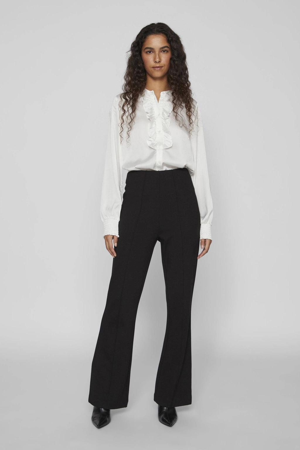 Zwarte dames VILA pantalon van viscose met regular fit, high waist, elastische tailleband en effen